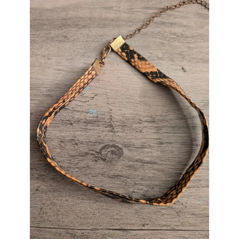 Brown Faux Snakeskin Choker Necklace Animal Print Python Gold Tone Clasp
